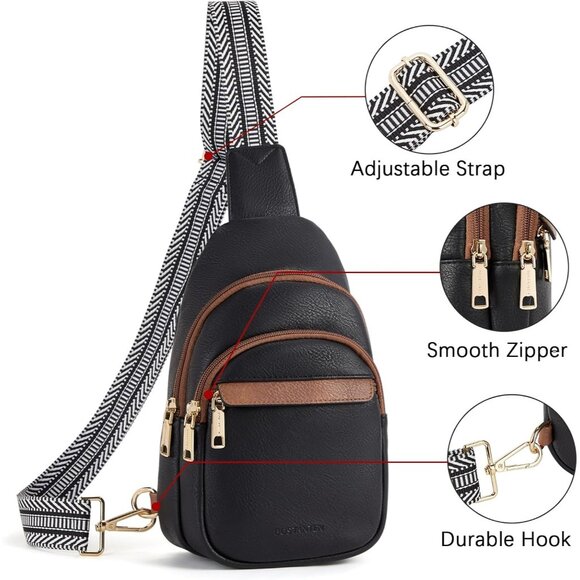 Women Black Imported PU Leather Small Crossbody Chest Sling Fanny Travel Bag - Picture 5 of 9